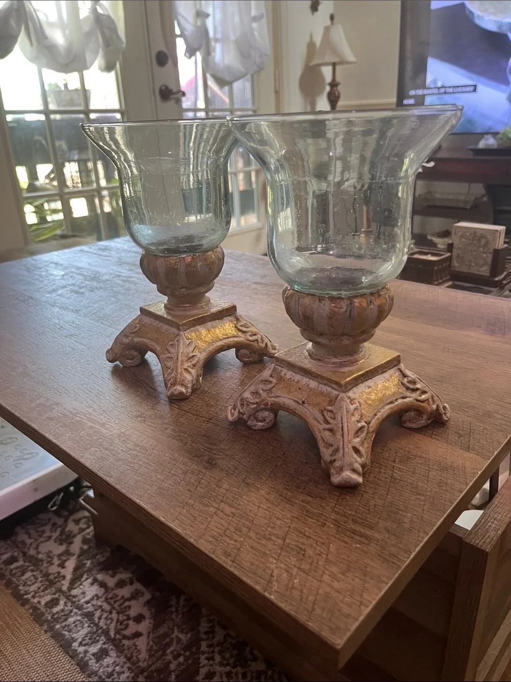Decorative Glass and Gold Pedestal Hurricane Candle Holders - Set of 2